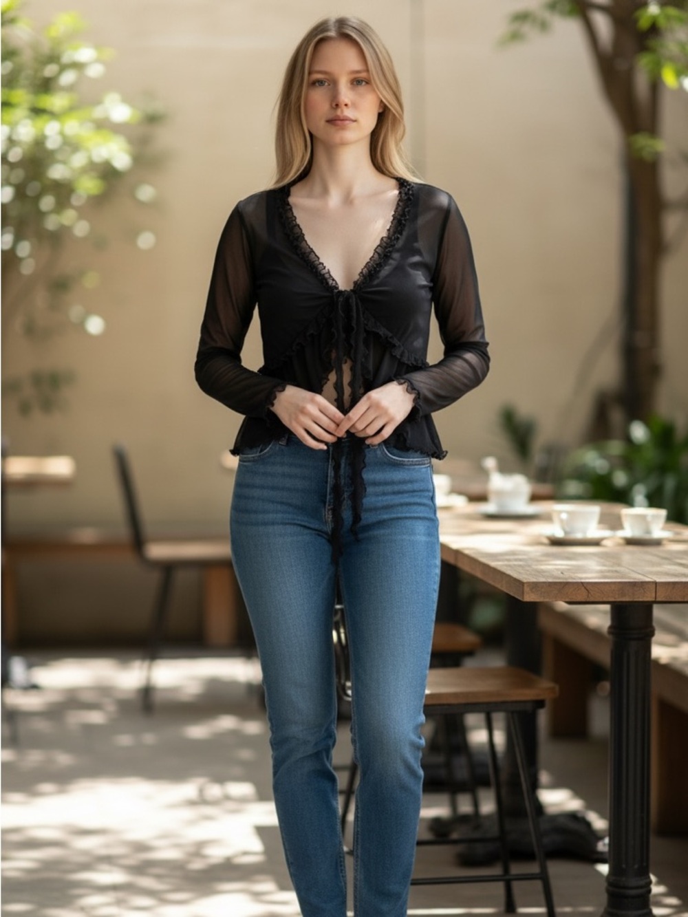 Vintage Bali Women’s Elegant Black Ruffle Sheer Blouse Med Girlsnight Layer Y2K